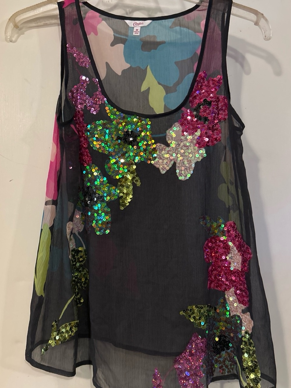 Candie's Black Sheer Tank with Pink and Green Sequin Floral Appliqués